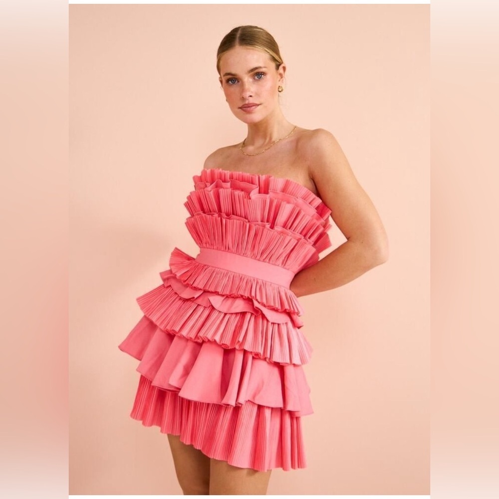 Acler Elsher Pleated‎ Ruffle Strapless Mini Dress Rouge NWT Size 10